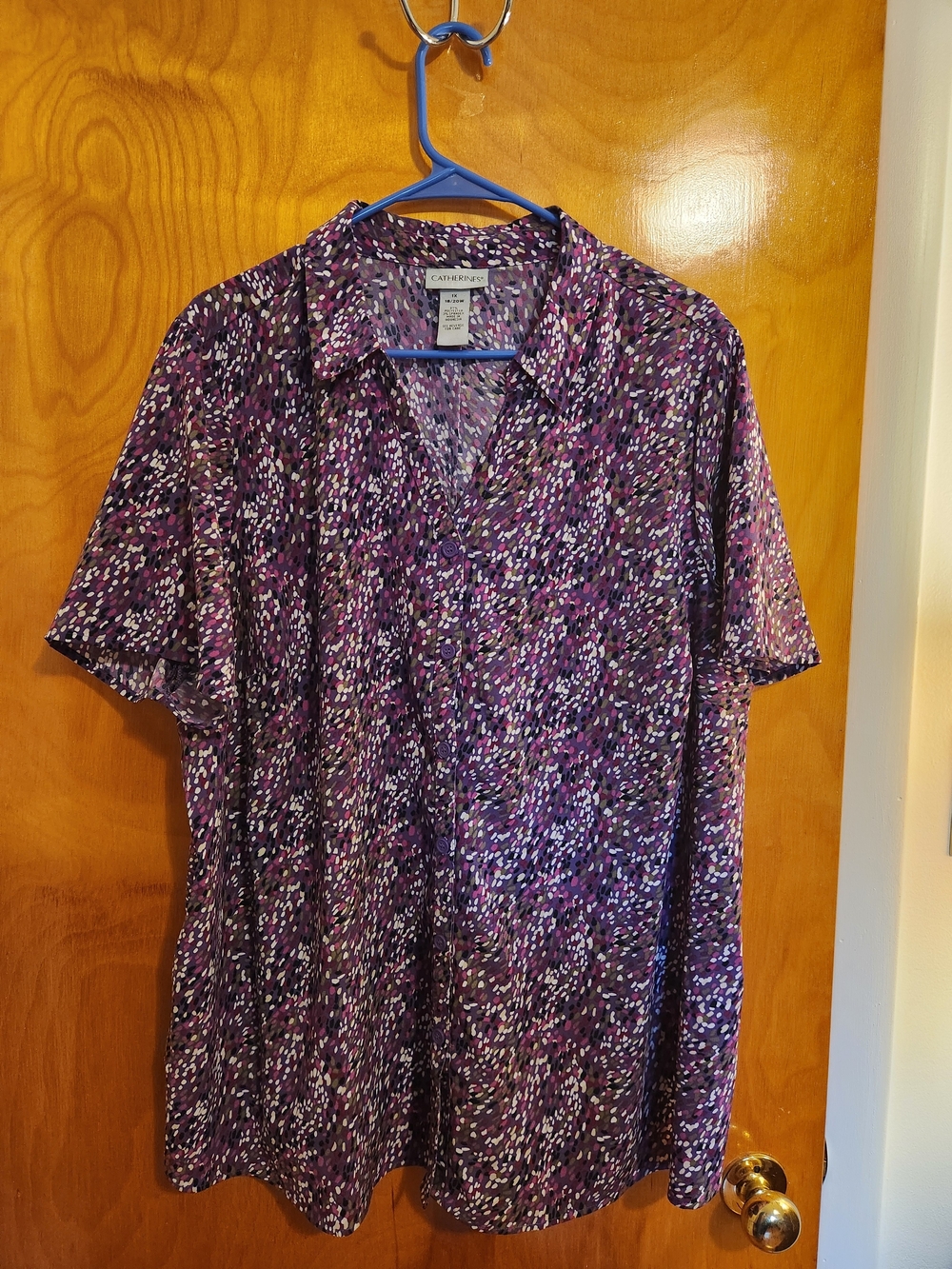 Catherines Purple Multi-Dot Short-Sleeve Button-Up Blouse